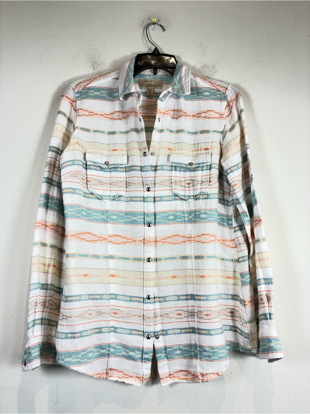 Women’s Overland Lightweight Striped Button-Down Shirt in White, Teal & Coral, M